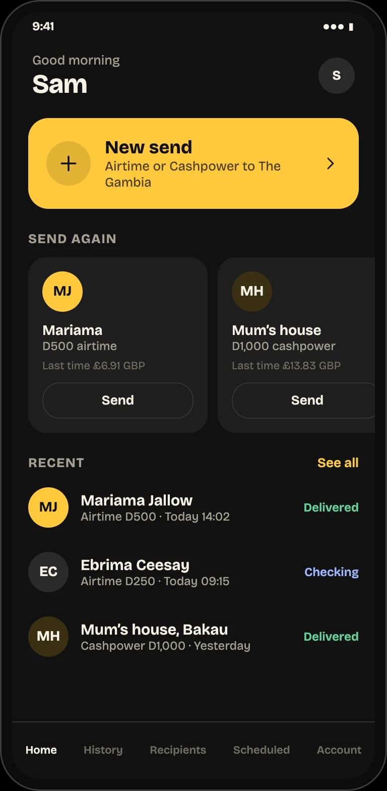 PaySakute home screen with a New send button, Send again cards for a recent airtime and Cashpower purchase, and a list of recent orders with their delivery status.