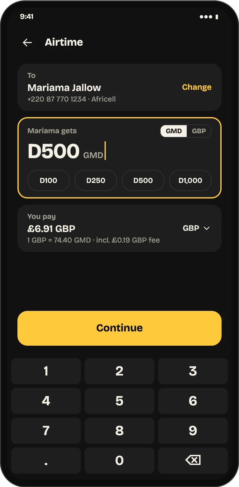 The airtime form: a saved Africell recipient, the amount in Gambian dalasi with quick amounts, and the total in British pounds including the processing fee.