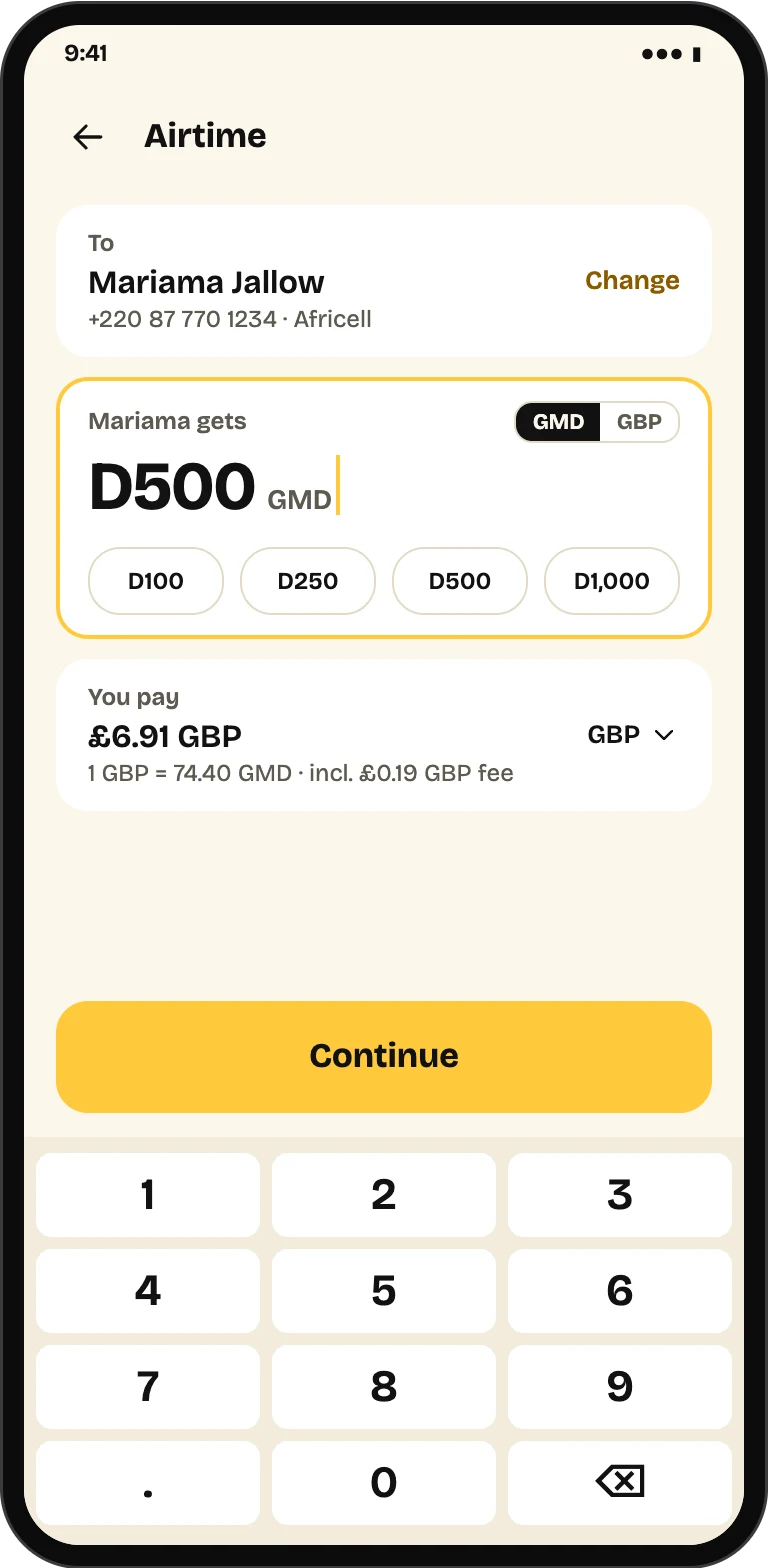 The airtime form: a saved Africell recipient, the amount in Gambian dalasi with quick amounts, and the total in British pounds including the processing fee.