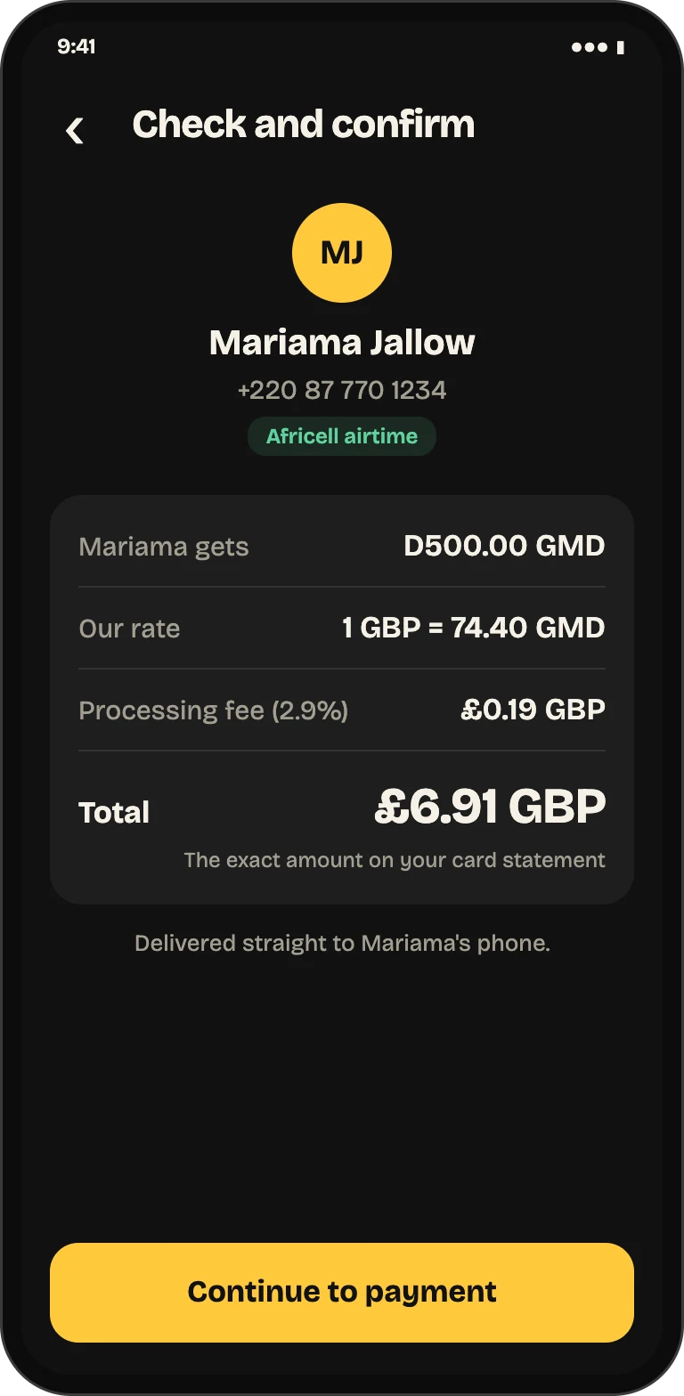 Check and confirm for an airtime send, listing what the recipient gets, our exchange rate, the processing fee and the total charged to the card.