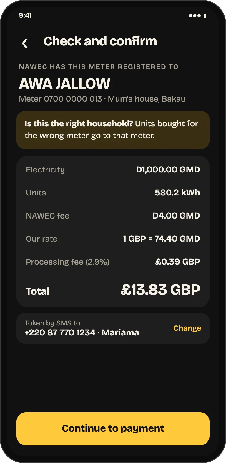 Check and confirm for Cashpower, showing the customer name NAWEC has registered to the meter, the units, NAWEC fee and the total before payment.