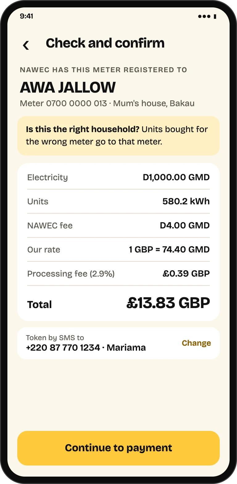 Check and confirm for Cashpower, showing the customer name NAWEC has registered to the meter, the units, NAWEC fee and the total before payment.