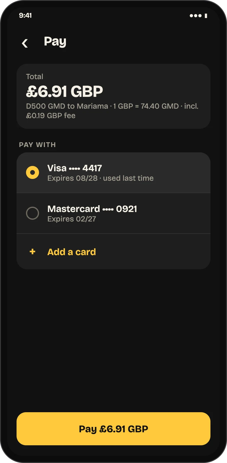 The payment screen with the total at the top, saved Visa and Mastercard cards, and an option to add a card.