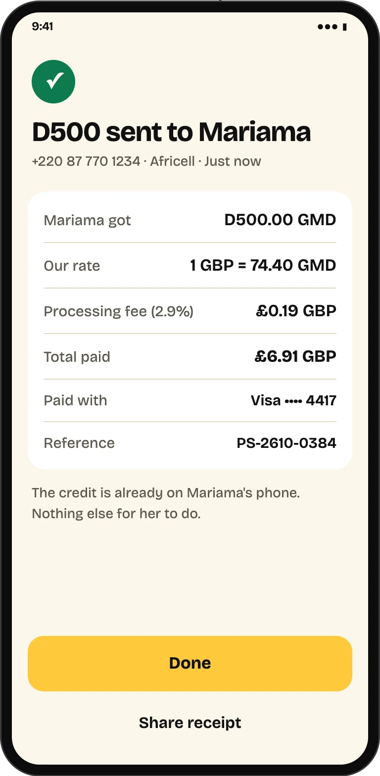 Airtime delivered: a confirmation that the credit is on the recipient's phone, with the receipt and payment reference.