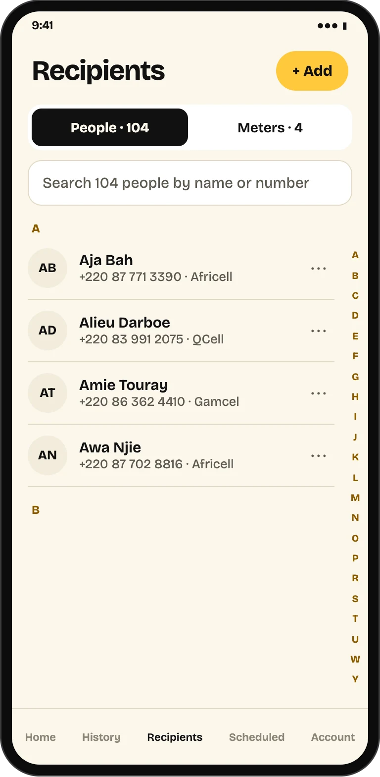 The Recipients tab with saved people and saved NAWEC meters, searchable by name or number.