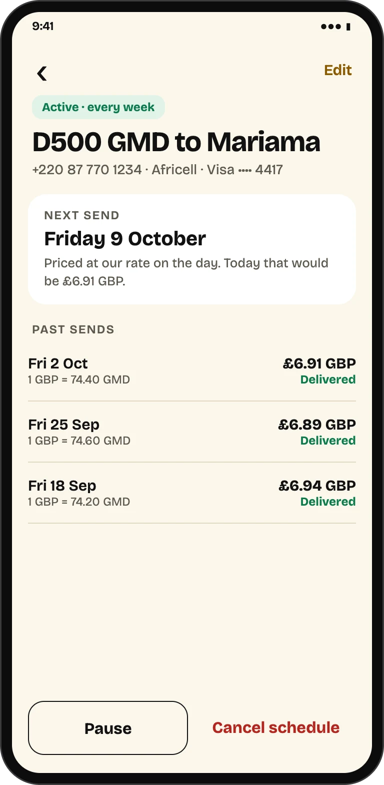 A weekly scheduled airtime send, showing the next send date, past sends and controls to pause or cancel the schedule.